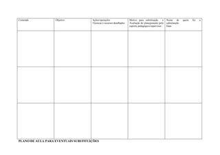 Conteúdo           Objetivo           Ações/operações                  Motivo para substituição      e   Nome de        quem   fez   a
                                      Técnicas e recursos detalhados   Avaliação do planejamento pelo    substituição
                                                                       suporte pedagógico/supervisor     Data




PLANO DE AULA PARA EVENTUAIS SUBSTITUIÇÕES
 