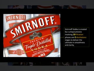 Smirnoff Vodka is created
by a unique process
involving 10 filtration
phases and 3 distillations
stages to deliver the
ultimate in smoothness
and clarity.
 