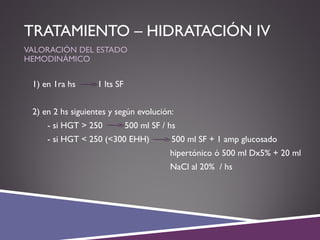 TRATAMIENTO – HIDRATACIÓN IV
VALORACIÓN DEL ESTADO
HEMODINÁMICO
 1) en 1ra hs 1 lts SF
 2) en 2 hs siguientes y según evolución:
- si HGT > 250 500 ml SF / hs
- si HGT < 250 (<300 EHH) 500 ml SF + 1 amp glucosado
hipertónico ó 500 ml Dx5% + 20 ml
NaCl al 20% / hs
 