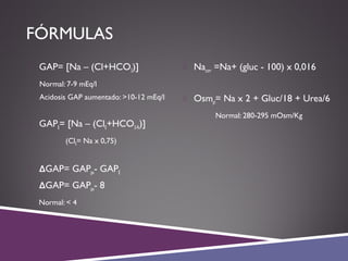 FÓRMULAS
 GAP= [Na – (Cl+HCO3)]
Normal: 7-9 mEq/l
Acidosis GAP aumentado: >10-12 mEq/l
 GAPE= [Na – (ClE+HCO3-N)]
(ClE= Na x 0,75)
 ΔGAP= GAPpx- GAPE
 ΔGAP= GAPpx- 8
Normal: < 4
 Nacorr =Na+ (gluc - 100) x 0,016
 Osmpl= Na x 2 + Gluc/18 + Urea/6
Normal: 280-295 mOsm/Kg
 