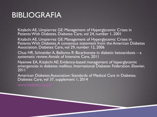 BIBLIOGRAFIA
 Kitabchi AE, Umpierrez GE: Management of Hyperglycemic Crises in
Patients With Diabetes. Diabetes Care, vol 24, number 1, 2001
 Kitabchi AE, Umpierrez GE: Management of Hyperglycemic Crises in
Patients With Diabetes.A consensus statement from the American Diabetes
Association. Diabetes Care, vol 29, number 12, 2006
 Chua HR, Schneider A, Bellomo R: Bicarbonate in diabetic ketoacidosis – a
systematic review.Annals of Intensive Care, 2011
 Nyenwe EA, Kitabchi AE: Evidence-based management of hyperglycemic
emergencies in diabetes mellitus. International Diabetes Federation. Elsevier,
2011
 American Diabetes Association: Standards of Medical Care in Diabetes.
Diabetes Care, vol 37, supplement 1, 2014
 www.diabetes.org.ar
 