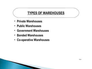  Intermediate, postponement, customization or sub-
assembly facilities
These warehouses are used to store products tempor...