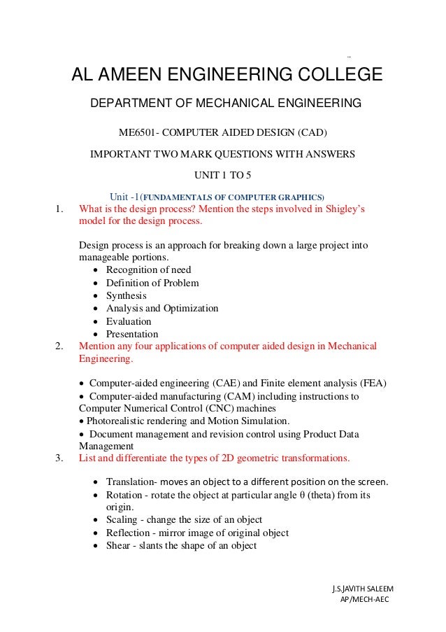 ME6501 Cad 2 Mark Question And Answer