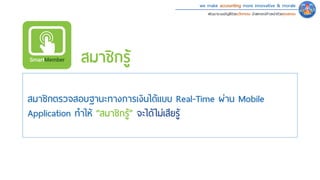 we make accounting more innovative & morale
พัฒนาระบบบัญชีด้วยนวัตกรรม นําสหกรณ์ก้าวหน้าด้วยคุณธรรม
สมาชิกตรวจสอบฐานะทางการเงินได้แบบ Real-Time ผ่าน Mobile
Application ทําให้ “สมาชิกรู้” จะได้ไม่เสียรู้
สมาชิกรู้
 