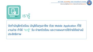 we make accounting more innovative & morale
พัฒนาระบบบัญชีด้วยนวัตกรรม นําสหกรณ์ก้าวหน้าด้วยคุณธรรม
จัดทําบัญชีครัวเรือน บัญชีต้นทุนอาชีพ ด้วย Mobile Application ที่ใช�
งานง่าย ทําให้ “เรารู้” รับ-จ่ายครัวเรือน และวางแผนการใช�จ่ายได้อย่างมี
ประสิทธิภาพ
เรารู้
 