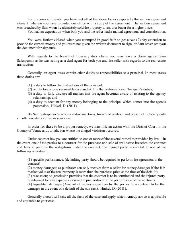 Memo to Client Breach of Real Estate K and Breach of Fiduciary Duty