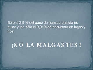 Sólo el 2,8 % del agua de nuestro planeta es dulce y tan sólo el 0,01% se encuentra en lagos y ríos. ¡NO LA MALGASTES!