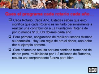 Ques el programa cada rotario cada año …  Cada Rotario, Cada Año. Ustedes saben que esto significa que cada Rotario es invitado personalmente a realizar una contribución a La Fundación Rotaria de por lo menos $100 US dólares cada año.  Pero primero, asegúrense de realizar ustedes mismos su donación.  Hay una regla de oro al donar, uno debe dar el ejemplo primero. Cien dólares no resulta ser una cantidad tremenda de dinero pero, multiplicada por 1.2 millones de Rotarios, resulta una sorprendente fuerza para bien.  