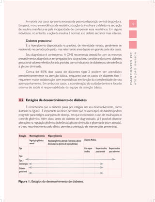 A maioria dos casos apresenta excesso de peso ou deposição central de gordura.
Em geral, mostram evidências de resistência à ação da insulina e o defeito na secreção                                                            13
de insulina manifesta-se pela incapacidade de compensar essa resistência. Em alguns
indivíduos, no entanto, a ação da insulina é normal, e o defeito secretor mais intenso.

      Diabetes gestacional
      É a hiperglicemia diagnosticada na gravidez, de intensidade variada, geralmente se
resolvendo no período pós-parto, mas retornando anos depois em grande parte dos casos.




                                                                                                                                                          ATENÇÃO BÁSICA
                                                                                                                                            CADERNOS DE
       Seu diagnóstico é controverso. A OMS recomenda detectá-lo com os mesmos
procedimentos diagnósticos empregados fora da gravidez, considerando como diabetes
gestacional valores referidos fora da gravidez como indicativos de diabetes ou de tolerância
à glicose diminuída.
      Cerca de 80% dos casos de diabetes tipo 2 podem ser atendidos
predominantemente na atenção básica, enquanto que os casos de diabetes tipo 1
requerem maior colaboração com especialistas em função da complexidade de seu
acompanhamento. Em ambos os casos, a coordenação do cuidado dentro e fora do
sistema de saúde é responsabilidade da equipe de atenção básica.



4.2 Estágios de desenvolvimento do diabetes

        É reconhecido que o diabetes passa por estágios em seu desenvolvimento, como
ilustrado na Figura 1. É importante ao clínico perceber que os vários tipos de diabetes podem
progredir para estágios avançados de doença, em que é necessário o uso de insulina para o
controle glicêmico. Além disso, antes do diabetes ser diagnosticado, já é possível observar
alterações na regulação glicêmica (tolerância à glicose diminuída e glicemia de jejum aterada),
e o seu reconhecimento pelo clínico permite a orientação de intervenções preventivas.

Estágio        Normoglicemia         Hiperglicemia
               Regulação glicêmica   Regulação glicêmica alterada (Tolerância à glicose   Diabetes Mellitus
               normal                diminuída e/ou glicemia de jejum alterada)
Tipo                                                                                      Não requer      Requer insulina Requer insulina
                                                                                          insulina        para controle   para sobreviver
Tipo 1
Tipo 2
Outros tipos
Diabetes
gestacional


Figura 1. Estágios do desenvolvimento do diabetes.
 