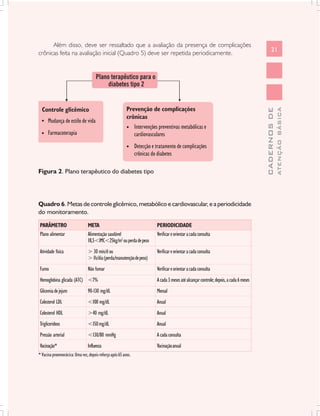 Além disso, deve ser ressaltado que a avaliação da presença de complicações
                                                                                                                                           21
crônicas feita na avaliação inicial (Quadro 5) deve ser repetida periodicamente.




                                                                                                                                                   ATENÇÃO BÁSICA
                                                                                                                                     CADERNOS DE
Figura 2. Plano terapêutico do diabetes tipo




Quadro 6. Metas de controle glicêmico, metabólico e cardiovascular, e a periodicidade
do monitoramento.

 PARÂMETRO                      META                                  PERIODICIDADE
 Plano alimentar                Alimentação saudável                  Verificar e orientar a cada consulta
                                18,5<IMC<25kg/m2 ou perda de peso
 Atividade física               > 30 min/d ou                         Verificar e orientar a cada consulta
                                > 1h/dia (perda/manutenção de peso)
 Fumo                           Não fumar                             Verificar e orientar a cada consulta
 Hemoglobina glicada (A1C) <7%                                        A cada 3 meses até alcançar controle; depois, a cada 6 meses
 Glicemia de jejum              90-130 mg/dL                          Mensal
 Colesterol LDL                 <100 mg/dL                            Anual
 Colesterol HDL                 >40 mg/dL                             Anual
 Triglicerídeos                 <150 mg/dL                            Anual
 Pressão arterial               <130/80 mmHg                          A cada consulta
 Vacinação*                     Influenza                             Vacinação anual
* Vacina pneomocócica: Uma vez, depois reforço após 65 anos.
 