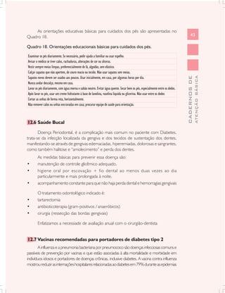 As orientações educativas básicas para cuidados dos pés são apresentadas no
Quadro 18.                                                                                                                           43

Quadro 18. Orientações educacionais básicas para cuidados dos pés.

Examinar os pés diariamente. Se necessário, pedir ajuda a familiar ou usar espelho.
Avisar o médico se tiver calos, rachaduras, alterações de cor ou úlceras.
Vestir sempre meias limpas, preferencialmente de lã, algodão, sem elástico.
Calçar sapatos que não apertem, de couro macio ou tecido. Não usar sapatos sem meias.
Sapatos novos devem ser usados aos poucos. Usar inicialmente, em casa, por algumas horas por dia.




                                                                                                                                             ATENÇÃO BÁSICA
                                                                                                                               CADERNOS DE
Nunca andar descalço, mesmo em casa.
Lavar os pés diariamente, com água morna e sabão neutro. Evitar água quente. Secar bem os pés, especialmente entre os dedos.
Após lavar os pés, usar um creme hidratante á base de lanolina, vaselina liquida ou glicerina. Não usar entre os dedos
Cortar as unhas de forma reta, horizontalmente.
Não remover calos ou unhas encravadas em casa; procurar equipe de saúde para orientação.



12.6 Saúde Bucal

       Doença Periodontal, é a complicação mais comum no paciente com Diabetes,
trata-se da infecção localizada da gengiva e dos tecidos de sustentação dos dentes,
manifestando-se através de gengivas edemaciadas, hiperemiadas, dolorosas e sangrantes,
como também halitose e “amolecimento” e perda dos dentes.
        As medidas básicas para prevenir essa doença são:
•       manutenção de controle glicêmico adequado,
•       higiene oral por escovação + fio dental ao menos duas vezes ao dia
        particularmente e mais prolongada à noite,
•       acompanhamento constante para que não haja perda dental e hemorragias gengivais

        O tratamento odontológico indicado é:
•       tartarectomia
•       antibioticoterapia (gram-positivos / anaeróbicos)
•       cirurgia (ressecção das bordas gengivais)

        Enfatizamos a necessiade de avaliação anual com o cirurgião-dentista


12.7 Vacinas recomendadas para portadores de diabetes tipo 2
       A influenza e a pneumonia bacteriana por pneumococo são doenças infecciosas comuns e
passíveis de prevenção por vacinas e que estão associadas à alta mortalidade e morbidade em
indivíduos idosos e portadores de doenças crônicas, inclusive diabetes. A vacina contra influenza
mostrou reduzir as internações hospitalares relacionadas ao diabetes em 79% durante as epidemias
 