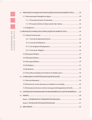 11. PREVENÇÃO E MANEJO DAS COMPLICAÇÕES AGUDAS DO DIABETES TIPO 2 ............. 29
        6
                                      11.1 Descompensação Hiperglicêmica Aguda ......................................................................... 29

                                            11.1.1 Prevenção da Cetose e Cetoacidose ..................................................................... 29

                                            11.1.2 Prevenção da Síndrome Hiperosmolar Não-Cetótica ........................................... 32

                                      11.2 Hipoglicemia .................................................................................................................... 32

                               12. PREVENÇÃO E MANEJO DAS COMPLICAÇÕES DO DIABETES TIPO 2 ............................... 34
              ATENÇÃO BÁSICA
CADERNOS DE




                                      12.1 Doença Cardiovascular .................................................................................................... 35

                                            12.1.1 Controle da Hipertensão Arterial .......................................................................... 35

                                            12.1.2 Controle da Dislipidemia ....................................................................................... 36

                                            12.1.3 Uso de Agentes Antiplaquetários ........................................................................... 36

                                            12.1.4 Controle do Tabagismo .......................................................................................... 36

                                      12.2 Retinopatia Diabética ....................................................................................................... 37

                                      12.3 Nefropatia Diabética ........................................................................................................ 38

                                      12.4 Neuropatia Diabética ....................................................................................................... 39

                                      12.5 Pé Diabético ..................................................................................................................... 41

                                      12.6 Saúde Bucal ...................................................................................................................... 43

                                      12.7 Vacinas Recomendadas para Portadores do Diabetes tipo 2 ........................................... 43

                               13. ATRIBUIÇÕES E COMPETÊNCIAS DA EQUIPE DE SAÚDE ................................................. 44

                                      13.1 Recursos Necessários ....................................................................................................... 54

                                      13.2 Estimativa do número de pessoas com diabetes na comunidade ..................................... 45

                                      13.3 Atribuições dos diversos membros da equipe da Estratégia Sáude da Família ................ 45

                               14. CRITÉRIOS DE ENCAMINHAMENTOS PARA REFERÊNCIA E CONTRA-REFERÊNCIA ...... 50

                               15. ANEXOS .................................................................................................................................. 50

                                      Anexo 1. CONSERVAÇÃO E TRANSPORTE DE INSULINAS ................................................. 50

                                      Anexo 2. TÉCNICA DE APLICAÇÃO DE INSULINA .............................................................. 51

                               16. BIBLIOGRAFIA ......................................................................................................................... 56
 
