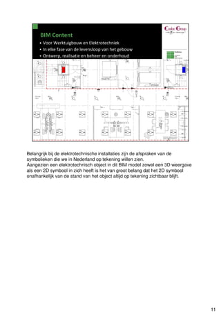 Belangrijk bij de elektrotechnische installaties zijn de afspraken van de
symbolieken die we in Nederland op tekening willen zien.
Aangezien een elektrotechnisch object in dit BIM model zowel een 3D weergave
als een 2D symbool in zich heeft is het van groot belang dat het 2D symbool
onafhankelijk van de stand van het object altijd op tekening zichtbaar blijft.




                                                                                 11
 