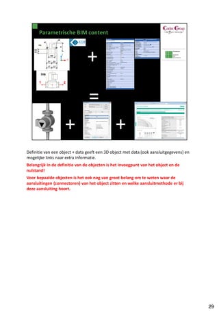Definitie van een object + data geeft een 3D object met data (ook aansluitgegevens) en
mogelijke links naar extra informatie.
Belangrijk in de definitie van de objecten is het invoegpunt van het object en de
nulstand!
Voor bepaalde objecten is het ook nog van groot belang om te weten waar de
aansluitingen (connectoren) van het object zitten en welke aansluitmethode er bij
deze aansluiting hoort.




                                                                                         29
 