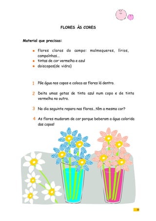 23
FLORES ÀS CORES
flores claras do campo: malmequeres, lírios,
campaínhas...
tintas de cor vermelha e azul
doiscopos(de vidro)
Põe água nos copos e coloca as flores lá dentro.
Deita umas gotas de tinta azul num copo e de tinta
vermelha no outro.
No dia seguinte repara nas flores...têm a mesma cor?
As flores mudaram de cor porque beberam a água colorida
dos copos!
Material que precisas:
1
2
3
4
 