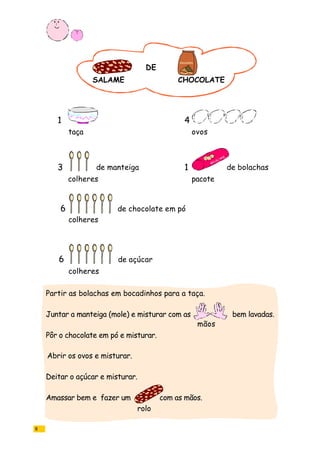 8
colheres
taça
pacote
ovos
colheres
colheres
6
3
1
de manteiga 1
4
de bolachas
6 de chocolate em pó
de açúcar
SALAME
DE
CHOCOLATE
Partir as bolachas em bocadinhos para a taça.
Juntar a manteiga (mole) e misturar com as bem lavadas.
mãos
Pôr o chocolate em pó e misturar.
Abrir os ovos e misturar.
Deitar o açúcar e misturar.
Amassar bem e fazer um com as mãos.
rolo
chocolate
 