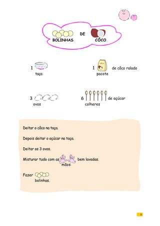 11
Deitar o côco na taça.
Depois deitar o açúcar na taça.
Deitar os 3 ovos.
Misturar tudo com as bem lavadas.
mãos
Fazer
bolinhas.
taça pacote
ovos colheres
1 1 de côco ralado
3 6 de açúcar
BOLINHAS
DE
CÔCO
côcocôco
 