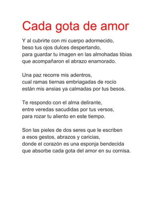 Cada gota de amor
Y al cubrirte con mi cuerpo adormecido,
beso tus ojos dulces despertando,
para guardar tu imagen en las almohadas tibias
que acompañaron el abrazo enamorado.
Una paz recorre mis adentros,
cual ramas tiernas embriagadas de rocío
están mis ansias ya calmadas por tus besos.
Te respondo con el alma delirante,
entre veredas sacudidas por tus versos,
para rozar tu aliento en este tiempo.
Son las pieles de dos seres que le escriben
a esos gestos, abrazos y caricias,
donde el corazón es una esponja bendecida
que absorbe cada gota del amor en su cornisa.

 