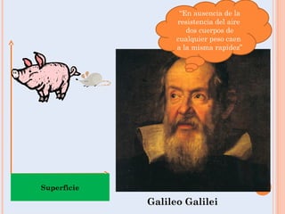 “En ausencia de la
resistencia del aire
dos cuerpos de
cualquier peso caen
a la misma rapidez”
Galileo Galilei
Superficie
 