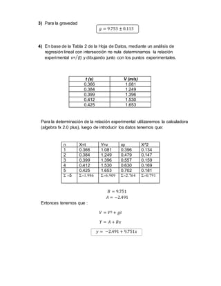 3) Para la gravedad 
푔 = 9.753 ± 0.113 
4) En base de la Tabla 2 de la Hoja de Datos, mediante un análisis de 
regresión lineal con intersección no nula determinamos la relación 
experimental v= (t) y dibujando junto con los puntos experimentales. 
t (s) V (m/s) 
0.366 1.081 
0.384 1.249 
0.399 1.396 
0.412 1.530 
0.425 1.653 
Para la determinación de la relación experimental utilizaremos la calculadora 
(algebra fx 2.0 plus), luego de introducir los datos tenemos que: 
n X=t Y=v xy X^2 
1 0.366 1.081 0.396 0.134 
2 0.384 1.249 0.479 0.147 
3 0.399 1.396 0.557 0.159 
4 0.412 1.530 0.630 0.169 
5 0.425 1.653 0.702 0.181 
5   
 
 
퐵 = 9.751 
퐴 = −2.491 
Entonces tenemos que : 
푉 = 푉º + 푔푡 
푌 = 퐴 + 퐵푥 
푦 = −2.491 + 9.751푥 
 