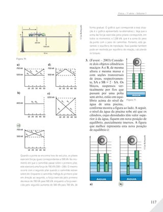 117
Física – 1a
série – Volume 1
Quando a ponte se encontra livre de veículos, os pilares
exercem forças iguais correspondentes a 500 kN. No mo-
mento em que o caminhão passar sobre o primeiro pilar,
este exercerá uma força de 700 kN (500 + 200). O mesmo
ocorre com o segundo pilar quando o caminhão estiver
sobre ele. Enquanto o caminhão trafega do primeiro pilar
em direção ao segundo, a força exercida pelo primeiro
decresce de 700 kN para 500 kN, enquanto a força exer-
cida pelo segundo aumenta de 500 kN para 700 kN, de
x
200 kN
1000 kN
50 m
N N
Figura 50.
©LieKobayashi
10 20 30 40 50
700 kN
500 kN
N1
N1N2
N2
10 20 30 40 50
N1 N2=
400 kN
a)
b)
10 20 30 40 50
N1
N1
N2
N2
700 kN
500 kN
c)
ÁGUA
Figura 51.
d)
10 20 30 40 50
700 kN
600 kN
N 1
N 2=
N
1 N
2
=
e)
10 20 30 40 50
N1
N1
N2
N2
1200 kN
forma gradual. O gráfico que corresponde a essa situa-
ção é o gráfico apresentado na alternativa c. Veja que a
soma das forças exercidas pelos pilares corresponde, em
todos os momentos, a 1 200 kN, que é a soma do peso
da ponte com o peso do caminhão. Portanto, está ga-
rantido o equilíbrio de translação. Essa questão também
pode ser resolvida por equilíbrio de rotação, calculando
os torques.
3. (Fuvest – 2003) Conside-
re dois objetos cilíndricos
maciços A e B, de mesma
altura e mesma massa e
com seções transversais
de áreas, respectivamen-
te, SA e SB = 2 SA. Os
blocos, suspensos ver-
ticalmente por fios que
passam por uma polia
sem atrito, estão em equi-
líbrio acima do nível da
água de uma piscina,
conforme mostra a figura ao lado. A seguir,
o nível da água da piscina sobe até que os
cilindros, cujas densidades têm valor supe-
rior à da água, fiquem em nova posição de
equilíbrio, parcialmente imersos. A figura
que melhor representa esta nova posição
de equilíbrio é:
a) b)
©LieKobayashi
ÁGUA ÁGUA
 