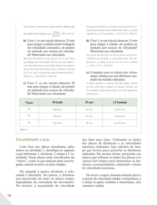 14
Encaminhando a ação
Com base nas placas desenhadas pelos
alunos na atividade 1, classifique-as segundo
o que informam: 1. distância, 2. tempo e 3. ve-
locidade. Várias placas serão classificadas em
“outras”, como as que indicam pista escorre-
gadia, animal na pista ou pista simples.
Da segunda à quinta atividade, a velo-
cidade é abordada. Na quarta, a distância
será percorrida em mais ou menos tempo,
dependendo da velocidade do movimento.
Na terceira, a necessidade da velocidade
fica bem mais clara. Utilizando os dados
das placas de distâncias e as velocidades
máximas estimadas, faça cálculos do tem-
po que levaria para percorrer as distâncias
indicadas. Da mesma forma, proponha aos
alunos que utilizem os dados das placas e os
valores dos tempos para determinar as dis-
tâncias correspondentes, estimando valores
de velocidades máximas.
Os textos a seguir chamam atenção para o
conceito de velocidade média e instantânea, e
a limite se aplica também à instantânea, não
somente à média.
Para calcular o menor tempo, deve-se dividir a distância pela
velocidade-limite,chegando-sea:
33 km
90 km/h
= 0,37h=22min.
b) Caso 1: se um veículo demorar 25 min
para chegar à cidade (tendo trafegado
em velocidade constante), ele poderá
ser multado por excesso de velocida-
de? Determine sua velocidade.
Não, pois ele demorou mais que 22 min, o que indica
que trafegou em velocidade menor que a velocidade-li-
mite. Para determinar a velocidade, utilizamos a distância
percorrida, 33 km. Para determinar v1
, utilizamos o tempo
de 25 min, que corresponde a aproximadamente 0,41 h.
Teremos v1
= 33 km/0,41 h = 80 km/h.
c) Caso 2: se um veículo demorar 20
min para chegar à cidade, ele poderá
ser multado por excesso de velocida-
de? Determine sua velocidade.
Sim, já que ele demorou um tempo menor que 22 min, in-
dicando que excedeu a velocidade-limite. Para v2
, o tempo
é de 20 min, ou 1/3 h, portanto v2
= 33 km /1/3 h = 99 km/h.
d) Caso 3: se um veículo demorar 15 min
para chegar à cidade, ele poderá ser
multado por excesso de velocidade?
Determine sua velocidade.
Sim, já que ele demorou um tempo menor que 22 min,
indicando que excedeu a velocidade-limite. Para de-
terminar v3
, o tempo é de 15 min, ou 1/4 h, portanto
v3
= 33 km /1/4 h = 132 km/h.
e) Complete com os valores das veloci-
dades obtidas nas três diferentes uni-
dades de medida indicadas:
A tabela expressa os valores das velocidades obtidas
em três diferentes unidades de medida. Perceba que
os resultados estão aproximados com dois algarismos
signiﬁcativos.
vlimite 90 km/h 25 m/s 1,5 km/min
v1 80 km/h 22 m/s 1,3 km/min
v2 99 km/h 27 m/s 1,6 km/min
v3 132 km/h 36 m/s 2,2 km/min
Tabela 2.
 