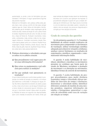 26
essas medidas não estejam erradas, devem ser devidamente
discutidas com os alunos caso apareçam nas respostas. O
procedimento adequado é aquele em que a unidade utili-
zada seja de milímetros por mês. Alguns alunos incorrerão
no erro de determinar velocidade usando o tamanho do
cabelo e não sua variação. Isso precisa ser diagnosticado e
corrigido por meio da ação do docente.
Grade de correção das questões
As três primeiras questões (1, 2 e 3) avaliam
habilidades de utilizar modelo explicativo de
movimento para compreender os movimentos
de translação; utilizar terminologia científica
adequada para descrever situações cotidianas;
analisar e prever fenômenos ou resultados de
experimentos científicos organizando e siste-
matizando informações dadas.
A questão 4 avalia habilidades de reco-
nhecer, identificar e classificar os movimentos
presentes no cotidiano que fazem parte do
estudo da Mecânica; reconhecer a produção
de movimento e as alterações no movimento;
identificar formas de controle de movimentos.
A questão 5 avalia habilidades de pro-
por procedimentos para medir distância
(tamanho), tempo e velocidade; efetuar me-
didas de intervalos de tempo e distâncias;
determinar a velocidade média; identificar
diferentes unidades de medida de uma mes-
ma grandeza; organizar informações em
tabelas e histogramas; generalizar o con-
ceito de velocidade como taxa de variação
em relação ao tempo.
apresentação, ou ainda o rotor do helicóptero gira para
transladar o helicóptero. A seguir apresentamos algumas
das possíveis respostas:
Deslocam-se: helicóptero, carro, pessoa, surﬁsta, avião, pás-
saro, barco, navio, carroça, carrinho de mão (para carregar
objetos), água etc. Giram: hélices do helicóptero, helicóp-
tero, bailarina, pás do ventilador, rodas, engrenagens, pás da
turbina do avião, volante da direção do carro, partes móveis
do alicate, maçaneta de porta (do carro, do avião, do navio
etc.), chave de fenda etc. Produzem movimentos: motor,
vento, combustíveis, rodas, animais, ondas do mar, engre-
nagens, hélices etc. Controlam movimentos: direção, freio,
motor, asas do pássaro, atrito com o chão etc. Ampliam força:
engrenagens, direção hidráulica, alicate, tesoura, chave de
fenda, chave de grifa, chave etc. Equilibram forças: helicóp-
tero, avião, barco, navio, pessoa, bailarina etc.
5. Podemos determinar a velocidade com que
as unhas ou os cabelos crescem.
a) Que procedimento você sugere para ob-
ter essas informações efetivamente?
b) Que coisas ou equipamentos você utili-
zaria para realizar as medições?
c) Em que unidade você apresentaria os
resultados?
O que é determinante para o acerto dessa questão é a pro-
posição da medida da variação do tamanho e do tempo
para determinar a velocidade. A utilização de réguas, tre-
nas, ﬁta métrica dependerá do tamanho do cabelo; já para
a unha, o mais comum seria o uso da régua. É relevante que
a menor divisão do instrumento seja em milímetros, uma
vez que o crescimento mensal é dessa ordem de grande-
za. Medidas de tempo em segundos são despropositadas,
assim como medidas de tamanho em metros. Ainda que
 