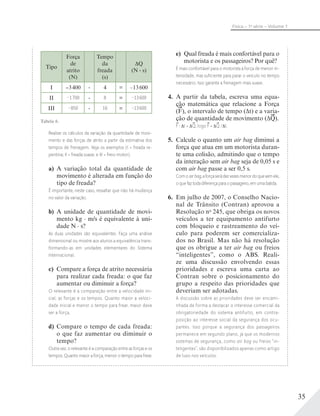 35
Física – 1a
série – Volume 1
Tipo
Força
de
atrito
(N)
Tempo
da
freada
(s)
Q
(N . s)
I 3400 . 4 = –13600
II –1700 . 8 = –13600
III –850 . 16 = –13600
Tabela 6.
Realize os cálculos da variação da quantidade de movi-
mento e das forças de atrito a partir da estimativa dos
tempos de frenagem. Veja os exemplos (I = freada re-
pentina; II = freada suave; e III = freio motor).
a) A variação total da quantidade de
movimento é alterada em função do
tipo de freada?
É importante, neste caso, ressaltar que não há mudança
no valor da variação.
b) A unidade de quantidade de movi-
mento kg . m/s é equivalente à uni-
dade N . s?
As duas unidades são equivalentes. Faça uma análise
dimensional ou mostre aos alunos a equivalência trans-
formando-as em unidades elementares do Sistema
Internacional.
c) Compare a força de atrito necessária
para realizar cada freada: o que faz
aumentar ou diminuir a força?
O relevante é a comparação entre a velocidade ini-
cial, as forças e os tempos. Quanto maior a veloci-
dade inicial e menor o tempo para frear, maior deve
ser a força.
d) Compare o tempo de cada freada:
o que faz aumentar ou diminuir o
tempo?
Outra vez, o relevante é a comparação entre as forças e os
tempos. Quanto maior a força, menor o tempo para frear.
e) Qual freada é mais confortável para o
motorista e os passageiros? Por quê?
É mais confortável para o motorista a força de menor in-
tensidade, mas suﬁciente para parar o veículo no tempo
necessário. Isso garante a frenagem mais suave.
4. A partir da tabela, escreva uma equa-
ção matemática que relacione a Força
(F), o intervalo de tempo (Δt) e a varia-
ção de quantidade de movimento (ΔQ).
F t = Q, logo F = Q / t.
5. Calcule o quanto um air bag diminui a
força que atua em um motorista duran-
te uma colisão, admitindo que o tempo
da interação sem air bag seja de 0,05 s e
com air bag passe a ser 0,5 s.
Comoairbag,aforçaserádezvezesmenordoquesemele,
o que faz toda diferença para o passageiro, em uma batida.
6. Em julho de 2007, o Conselho Nacio-
nal de Trânsito (Contran) aprovou a
Resolução no
245, que obriga os novos
veículos a ter equipamento antifurto
com bloqueio e rastreamento do veí-
culo para poderem ser comercializa-
dos no Brasil. Mas não há resolução
que os obrigue a ter air bag ou freios
“inteligentes”, como o ABS. Reali-
ze uma discussão envolvendo essas
prioridades e escreva uma carta ao
Contran sobre o posicionamento do
grupo a respeito das prioridades que
deveriam ser adotadas.
A discussão sobre as prioridades deve ser encami-
nhada de forma a destacar o interesse comercial da
obrigatoriedade do sistema antifurto, em contra-
posição ao interesse social da segurança dos ocu-
pantes. Isso porque a segurança dos passageiros
permanece em segundo plano, já que os modernos
sistemas de segurança, como air bag ou freios “in-
teligentes”, são disponibilizados apenas como artigo
de luxo nos veículos.
 