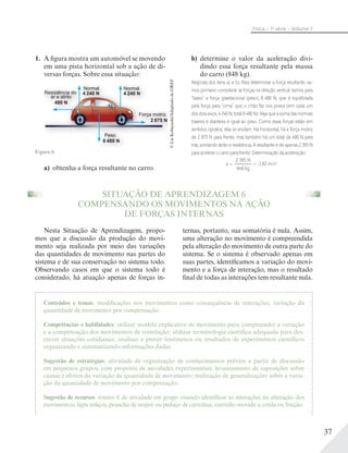 37
Física – 1a
série – Volume 1
1. A figura mostra um automóvel se movendo
em uma pista horizontal sob a ação de di-
versas forças. Sobre essa situação:
Resistência do
ar e atrito
Resistênc
ar e at
480 N
4 240 N
8 480 N
2 875 N
NormalNormal
2 875 N
Força motriz
8 480 N
Peso
ormalN
4 240 Ncia docia do
trito
N
4 240 No 4 240 N2
Fo
4
NN
F
eso
oo 44 22240 N
Figura 6.
a) obtenha a força resultante no carro.
b) determine o valor da aceleração divi-
dindo essa força resultante pela massa
do carro (848 kg).
Resposta dos itens a) e b): Para determinar a força resultante, va-
mos primeiro considerar as forças na direção vertical: temos para
“baixo” a força gravitacional (peso), 8 480 N, que é equilibrada
pela força para “cima” que o chão faz nos pneus (em cada um
dos dois eixos, 4 240 N; total 8 480 N). Veja que a soma das normais
traseira e dianteira é igual ao peso. Como essas forças estão em
sentidos opostos, elas se anulam. Na horizontal, há a força motriz
de 2 875 N para frente, mas também há um total de 480 N para
trás, somando atrito e resistência. A resultante é de apenas 2 395 N
paraacelerarocarroparafrente.Determinaçãodaaceleração:
848 kg
2 395 N
= 2,82 m/s2
.=a
SITUAÇÃO DE APRENDIZAGEM 6
COMPENSANDO OS MOVIMENTOS NA AÇÃO
DE FORÇAS INTERNAS
Nesta Situação de Aprendizagem, propo-
mos que a discussão da produção do movi-
mento seja realizada por meio das variações
das quantidades de movimento nas partes do
sistema e de sua conservação no sistema todo.
Observando casos em que o sistema todo é
considerado, há atuação apenas de forças in-
ternas, portanto, sua somatória é nula. Assim,
uma alteração no movimento é compreendida
pela alteração do movimento de outra parte do
sistema. Se o sistema é observado apenas em
suas partes, identificamos a variação do movi-
mento e a força de interação, mas o resultado
final de todas as interações tem resultante nula.
Conteúdos e temas: modificações nos movimentos como consequência de interações; variação da
quantidade de movimento por compensação.
Competências e habilidades: utilizar modelo explicativo de movimento para compreender a variação
e a compensação dos movimentos de translação; utilizar terminologia científica adequada para des-
crever situações cotidianas; analisar e prever fenômenos ou resultados de experimentos científicos
organizando e sistematizando informações dadas.
Sugestão de estratégias: atividade de organização de conhecimentos prévios a partir de discussão
em pequenos grupos, com proposta de atividades experimentais; levantamento de suposições sobre
causas e efeitos da variação da quantidade de movimento; realização de generalizações sobre a varia-
ção da quantidade de movimento por compensação.
Sugestão de recursos: roteiro 6 de atividade em grupo visando identificar as interações na alteração dos
movimentos; lápis roliços, prancha de isopor ou pedaço de cartolina, carrinho movido a corda ou fricção.
©LieKobayashi/AdaptadodeGREF
 
