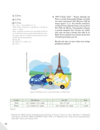 50
c) 2,25 m.
d) 2,75 m.
e) 3,75 m.
Qantes
= Qdepois
= 0, ou seja, MV + mv = 0.
75 kg 0,3 m/s + 50 kg Xm/s = 0, portanto X = (–22,5)/50, ou
seja, X = – 0,45m/s.
Então, o patinador se desloca com velocidade de 0,30 m/s
em um sentido e a caixa com velocidade de 0,45 m/s no sen-
tido oposto. Após 5 s, a distância entre eles será a soma do
módulo dos dois deslocamentos:
S = s1
+ s2
S = 0,30 m/s . 5 s + 0,45m/s . 5 s.
S = 3,75 m.
4. 1909 Colisão fatala
– Numa alameda em
Paris, o conde Amassadini dirigia a 6 km/h
seu veloz automóvel Alfa Morreo 1906 de
massa igual a 1,2 t. No sentido contrário,
sir Hard Arm colide de frente, com seu Fort
XT 1909, de 800 kg. Testemunhas relatam
a parada imediata dos veículos ao colidi-
rem, mas até hoje a justiça não sabe se sir
Hard Arm conduzia seu veículo acima dos
10 km/h permitidos por lei.
Resolva de uma vez por todas essa antiga
pendência judicial!
Colisão Alfa Morreo Fort XT Total
Antes 1,2 t 6 km/h = 7,2 t km/h + 0,8 t Y = Q = 0
Depois 1,2 t 0 km/h = 0 t km/h + 0,8 t 0 km/h = 0 t km/h = t km/h
Figura 8. Pendência entre o conde Amassadini e sir Hard Arm.
Tabela 9.
©LieKobayashi/AdaptadodeGREF
a
Retirado de: GREF (Grupo de Reelaboração do Ensino de Física). Leituras de Física: Mecânica 1. Trombadas
ainda piores. São Paulo: GREF-USP/MEC-FNDE, 1998. p. 23. Disponível em: <http://www.if.usp.br/gref/mec/
mec1.pdf>. Acesso em: 20 maio 2013.
 