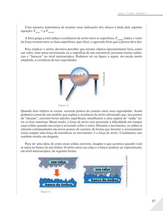 57
Física – 1a
série – Volume 1
Uma maneira matemática de resumir essas indicações dos alunos é dada pela seguinte
equação: Fatrito
= μ Fnormal
.
A letra grega μ (mi) indica o coeficiente de atrito entre as superfícies, Fnormal
indica o valor
da força normal entre as duas superfícies, quer dizer, a agarrada forte que a pessoa deve dar.
Para explicar o atrito, devemos perceber que mesmo objetos aparentemente lisos, como
um vidro, uma mesa envernizada ou a superfície de um automóvel, possuem muitas saliên-
cias e “buracos” no nível microscópico. Podemos ver na figura a seguir, em escala muito
ampliada, a existência de tais rugosidades.
Figura 12.
©LieKobayashi
Quando dois objetos se tocam, ocorrem pontos de contato entre suas rugosidades. Assim
podemos construir um modelo que explica a existência do atrito afirmando que, nos pontos
de “encaixe”, ocorrem fortes adesões superficiais, semelhantes a uma espécie de “solda” en-
tre os dois materiais. Desse modo, a força de atrito está associada à dificuldade em romper
essas soldas quando um corpo é arrastado sobre o outro. Durante o movimento, as soldas se
refazem continuamente em novos pontos de contato, de forma que durante o arrastamento
exista sempre uma força de resistência ao movimento: é a força de atrito. Usualmente, isso
também resulta em desgaste.
Para ter uma ideia de como essas soldas ocorrem, imagine o que acontece quando você
se senta no banco de um ônibus. O atrito entre sua calça e o banco poderia ser representado,
em nível microscópico, da seguinte forma:
Figura 13.
©LieKobayashi/AdaptadodeGREF
 
