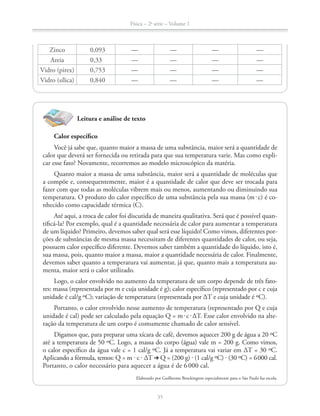 Física – 2a
série – Volume 1
35
Leitura e análise de texto
Calor específico
Você já sabe que, quanto maior a massa de uma substância, maior será a quantidade de
calor que deverá ser fornecida ou retirada para que sua temperatura varie. Mas como expli-
car esse fato? Novamente, recorremos ao modelo microscópico da matéria.
Quanto maior a massa de uma substância, maior será a quantidade de moléculas que
a compõe e, consequentemente, maior é a quantidade de calor que deve ser trocada para
fazer com que todas as moléculas vibrem mais ou menos, aumentando ou diminuindo sua
temperatura. O produto do calor específico de uma substância pela sua massa (m c) é co-
nhecido como capacidade térmica (C).
Até aqui, a troca de calor foi discutida de maneira qualitativa. Será que é possível quan-
tificá-la? Por exemplo, qual é a quantidade necessária de calor para aumentar a temperatura
de um líquido? Primeiro, devemos saber qual será esse líquido! Como vimos, diferentes por-
ções de substâncias de mesma massa necessitam de diferentes quantidades de calor, ou seja,
possuem calor específico diferente. Devemos saber também a quantidade do líquido, isto é,
sua massa, pois, quanto maior a massa, maior a quantidade necessária de calor. Finalmente,
devemos saber quanto a temperatura vai aumentar, já que, quanto mais a temperatura au-
menta, maior será o calor utilizado.
Logo, o calor envolvido no aumento da temperatura de um corpo depende de três fato-
res: massa (representada por m e cuja unidade é g); calor específico (representado por c e cuja
unidade é cal/g ºC); variação de temperatura (representada por ΔT e cuja unidade é ºC).
Portanto, o calor envolvido nesse aumento de temperatura (representado por Q e cuja
unidade é cal) pode ser calculado pela equação Q = m c ΔT. Esse calor envolvido na alte-
ração da temperatura de um corpo é comumente chamado de calor sensível.
Digamos que, para preparar uma xícara de café, devemos aquecer 200 g de água a 20 ºC
até a temperatura de 50 ºC. Logo, a massa do corpo (água) vale m = 200 g. Como vimos,
o calor específico da água vale c = 1 cal/g ºC. Já a temperatura vai variar em ΔT = 30 ºC.
Aplicando a fórmula, temos: Q = m c ΔT Q = (200 g) (1 cal/g ºC) (30 ºC) = 6000 cal.
Portanto, o calor necessário para aquecer a água é de 6000 cal.
Elaborado por Guilherme Brockington especialmente para o São Paulo faz escola.
Zinco 0,093 — — — —
Areia 0,33 — — — —
Vidro (pirex) 0,753 — — — —
Vidro (sílica) 0,840 — — — —
 