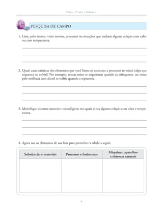 Física – 2a
série – Volume 1
6
PESQUISA DE CAMPO
1. Liste, pelo menos, vinte termos, processos ou situações que tenham alguma relação com calor
ou com temperatura.
2. Quais características dos elementos que você listou os associam a processos térmicos (algo que
esquenta ou esfria)? Por exemplo, nossas mãos se esquentam quando as esfregamos, ou nossa
pele molhada com álcool se resfria quando a sopramos.
3. Identifique sistemas naturais e tecnológicos nos quais exista alguma relação com calor e tempe-
ratura.
4. Agora use os elementos de sua lista para preencher a tabela a seguir.
Substâncias e materiais Processos e fenômenos
Máquinas, aparelhos
e sistemas naturais
 