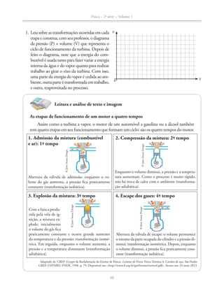 Física – 2a
série – Volume 1
88
Leitura e análise de texto e imagem
As etapas de funcionamento de um motor a quatro tempos
Assim como a turbina a vapor, o motor de um automóvel a gasolina ou a álcool também
tem quatro etapas em seu funcionamento que formam um ciclo: são os quatro tempos do motor.
1. Leia sobre as transformações ocorridas em cada
etapaeconstrua,comseuprofessor,odiagrama
da pressão (P) × volume (V) que representa o
ciclo de funcionamento da turbina. Depois de
feito o diagrama, note que a energia do com-
bustível é usada tanto para fazer variar a energia
interna da água e do vapor quanto para realizar
trabalho ao girar o eixo da turbina. Com isso,
uma parte da energia do vapor é cedida ao am-
biente,outraparteétransformadaemtrabalho,
e outra, reaproveitada no processo.
Abertura da válvula de admissão: enquanto o vo-
lume do gás aumenta, a pressão fica praticamente
constante (transformação isobárica).
1. Admissão da mistura (combustível
e ar): 1º- tempo
Com a faísca produ-
zida pela vela de ig-
nição, a mistura ex-
plode; inicialmente
o volume do gás fica
praticamente constante e ocorre grande aumento
da temperatura e da pressão: transformação isomé-
trica. Em seguida, enquanto o volume aumenta, a
pressão e a temperatura diminuem (transformação
adiabática).
3. Explosão da mistura: 3º- tempo
Abertura da válvula de escape: o volume permanece
o mesmo da parte ocupada do cilindro e a pressão di-
minui: transformação isométrica. Depois, enquanto
o volume diminui, a pressão fica praticamente cons-
tante (transformação isobárica).
4. Escape dos gases: 4º- tempo
Enquanto o volume diminui, a pressão e a tempera-
tura aumentam. Como o processo é muito rápido,
não há troca de calor com o ambiente (transforma-
ção adiabática).
2. Compressão da mistura: 2º- tempo
©JairoSouzaDesign
©JairoSouzaDesign
©JairoSouzaDesign
©JairoSouzaDesign
0
V
P
Adaptado de: GREF (Grupo de Reelaboração do Ensino de Física). Leituras de Física: Física Térmica 4. Cavalos de aço. São Paulo:
 