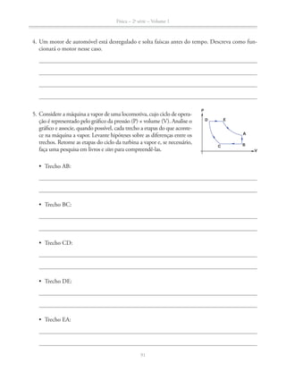 Física – 2a
série – Volume 1
91
4. Um motor de automóvel está desregulado e solta faíscas antes do tempo. Descreva como fun-
cionará o motor nesse caso.
-
ção é representado pelo gráfico da pressão (P) × volume (V). Analise o
gráfico e associe, quando possível, cada trecho a etapas do que aconte-
ce na máquina a vapor. Levante hipóteses sobre as diferenças entre os
trechos. Retome as etapas do ciclo da turbina a vapor e, se necessário,
faça uma pesquisa em livros e sites para compreendê-las.
A
 