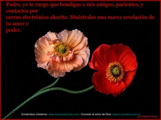 Padre, yo te ruego que bendigas a mis amigos, parientes, y
contactos por
correo electrónico ahorita. Muéstrales una nueva revelación de
tu amor y
poder.




      Contenidos cristianos: www.Avanzapormas.com - Conocer el amor de Dios: www.Luminares.com.ar
 