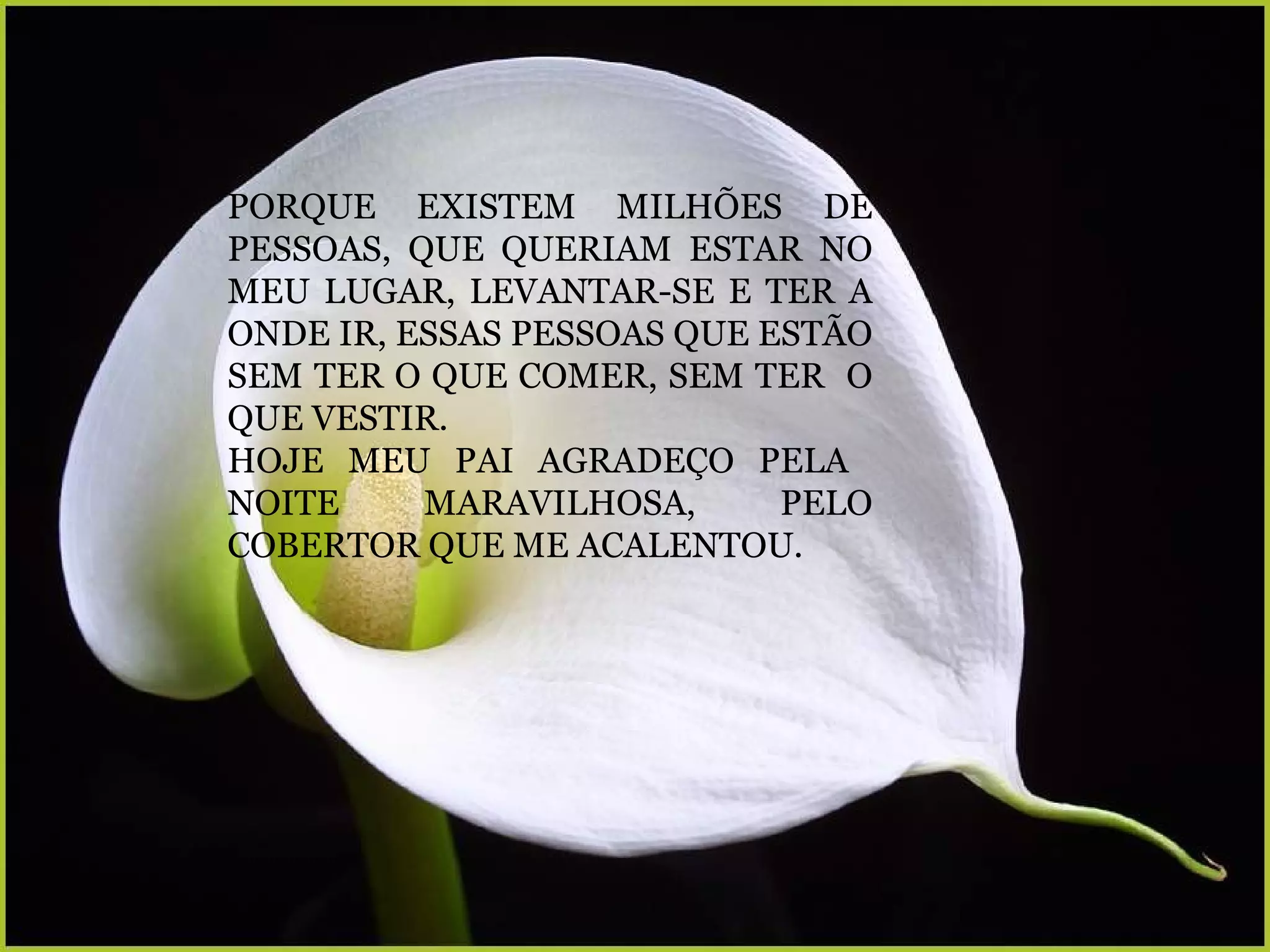 PORQUE EXISTEM MILHÕES DE PESSOAS, QUE QUERIAM ESTAR NO MEU LUGAR, LEVANTAR-SE E TER A ONDE IR, ESSAS PESSOAS QUE ESTÃO SEM TER O QUE COMER, SEM TER  O QUE VESTIR.  HOJE MEU PAI AGRADEÇO PELA  NOITE MARAVILHOSA, PELO COBERTOR QUE ME ACALENTOU.   