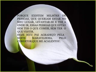 PORQUE EXISTEM MILHÕES DE PESSOAS, QUE QUERIAM ESTAR NO MEU LUGAR, LEVANTAR-SE E TER A ONDE IR, ESSAS PESSOAS QUE ESTÃO SEM TER O QUE COMER, SEM TER  O QUE VESTIR.  HOJE MEU PAI AGRADEÇO PELA  NOITE MARAVILHOSA, PELO COBERTOR QUE ME ACALENTOU.   