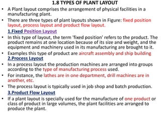 1.8 TYPES OF PLANT LAYOUT
• A Plant layout comprises the arrangement of physical facilities in a
manufacturing plant.
• There are three types of plant layouts shown in Figure: fixed position
layout, process layout and product flow layout.
1.Fixed Position Layout
• In this type of layout, the term 'fixed position' refers to the product. The
product remains at one location because of its size and weight, and the
equipment and machinery used in its manufacturing are brought to it.
• Examples this type of product are aircraft assembly and ship building
2.Process Layout
• In a process layout the production machines are arranged into groups
according to the type of manufacturing process used.
• For instance, the lathes are in one department, drill machines are in
another, etc.
• The process layout is typically used in job shop and batch production.
3.Product Flow Layout
• If a plant layout is specially used for the manufacture of one product or
class of product in large volumes, the plant facilities are arranged to
produce the plant.
 