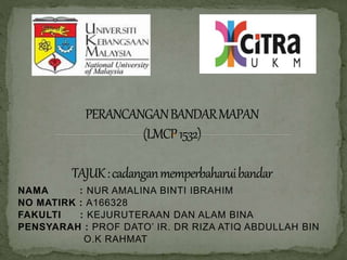 NAMA : NUR AMALINA BINTI IBRAHIM
NO MATIRK : A166328
FAKULTI : KEJURUTERAAN DAN ALAM BINA
PENSYARAH : PROF DATO’ IR. DR RIZA ATIQ ABDULLAH BIN
O.K RAHMAT
 