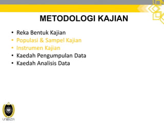 METODOLOGI KAJIAN
• Reka Bentuk Kajian
• Populasi & Sampel Kajian
• Instrumen Kajian
• Kaedah Pengumpulan Data
• Kaedah Analisis Data
 