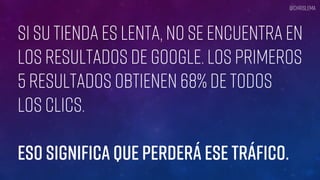Si su tienda es lenta, NO se ENCUENTRA en
los resultados de Google. Los primeros
5 resultados obtienen 68% de todos
los clics.
Eso significa que perderá ese tráfico.
@chrislema
 