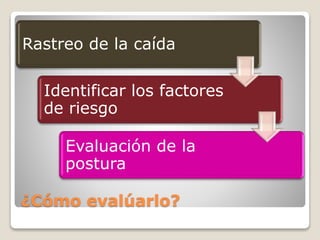 ¿Cómo evalúarlo?
Rastreo de la caída
Identificar los factores
de riesgo
Evaluación de la
postura
 