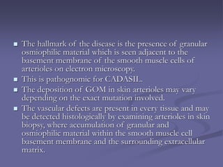 The hallmark of the disease is the presence of granular
osmiophilic material which is seen adjacent to the
basement membrane of the smooth muscle cells of
arterioles on electron microscopy.
 This is pathognomic for CADASIL.
 The deposition of GOM in skin arterioles may vary
depending on the exact mutation involved.
 The vascular defects are present in every tissue and may
be detected histologically by examining arterioles in skin
biopsy, where accumulation of granular and
osmiophilic material within the smooth muscle cell
basement membrane and the surrounding extracellular
matrix.
 