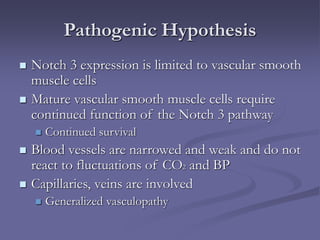 Pathogenic Hypothesis
 Notch 3 expression is limited to vascular smooth
muscle cells
 Mature vascular smooth muscle cells require
continued function of the Notch 3 pathway
 Continued survival
 Blood vessels are narrowed and weak and do not
react to fluctuations of CO2 and BP
 Capillaries, veins are involved
 Generalized vasculopathy
 