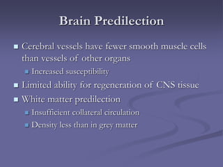 Brain Predilection
 Cerebral vessels have fewer smooth muscle cells
than vessels of other organs
 Increased susceptibility
 Limited ability for regeneration of CNS tissue
 White matter predilection
 Insufficient collateral circulation
 Density less than in grey matter
 