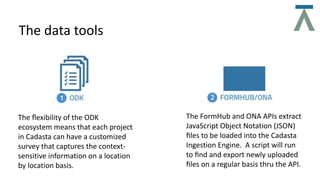 The data tools
The ﬂexibility of the ODK
ecosystem means that each project
in Cadasta can have a customized
survey that captures the context-
sensitive information on a location
by location basis.
The FormHub and ONA APIs extract
JavaScript Object Notation (JSON)
ﬁles to be loaded into the Cadasta
Ingestion Engine. A script will run
to ﬁnd and export newly uploaded
ﬁles on a regular basis thru the API.
 