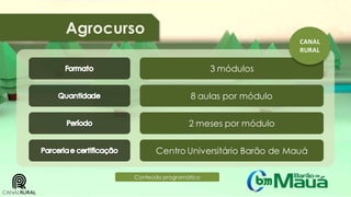 Agrocurso
CANAL
RURAL

3 módulos
8 aulas por módulo
2 meses por módulo

Centro Universitário Barão de Mauá
Conteúdo programático

 