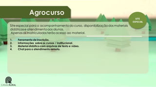 Agrocurso
SITE
ESPECIAL

Site especial para o acompanhamento do curso, disponibilização dos materiais
didáticos e atendimento aos alunos.
Apenas os matriculados terão acesso ao material.
1.
2.
3.
4.

Ferramenta de inscrição.
Informações sobre os cursos / institucional.
Material didático com arquivos de texto e vídeo.
Chat para o atendimento remoto.

 