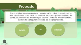 Proposta
Para contribuir na solução desse cenário, o Canal Rural usará todas as
suas plataformas para trazer ao produtor rural uma gama completa de
conteúdo, orientação e informação sobre o Cadastro Ambiental Rural,
auxiliando na regulamentação de sua propriedade.

EVENTO

TV

INTERNET

 